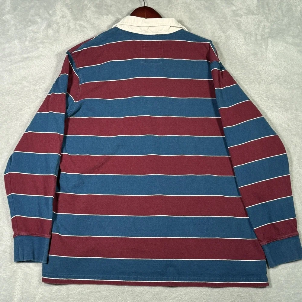 Lands' End Rugby Polo‎ Shirt Mens 2XL Maroon Blue Stripe Long Sleeve Cotton